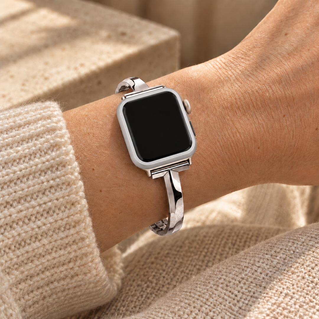 Halo silver case frame on a watch worn on the wrist with a Madison silver band