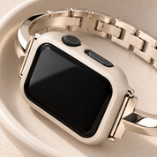 Close-up of the Halo starlight case frame's matte finish at the crown and side-button cut-outs