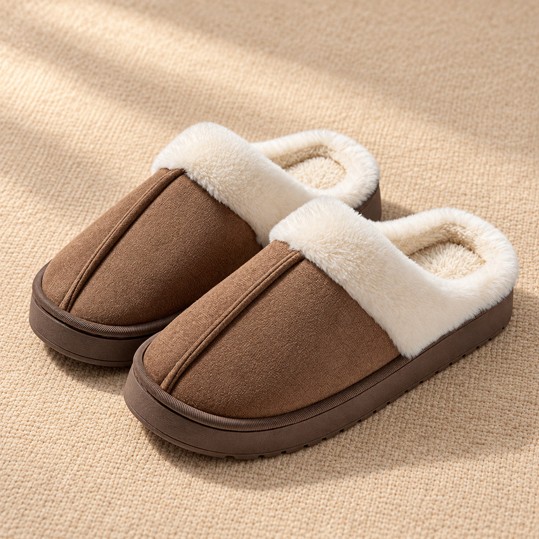 Coffee Haven slippers with a raised centre seam, white plush collar and low brown sole.
