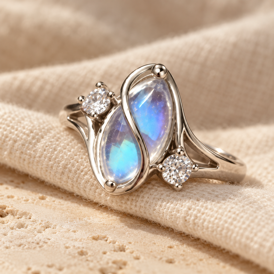 Simulated moonstone ring with a silver-tone crossing wire and two clear side stones, resting in a fold of cream linen