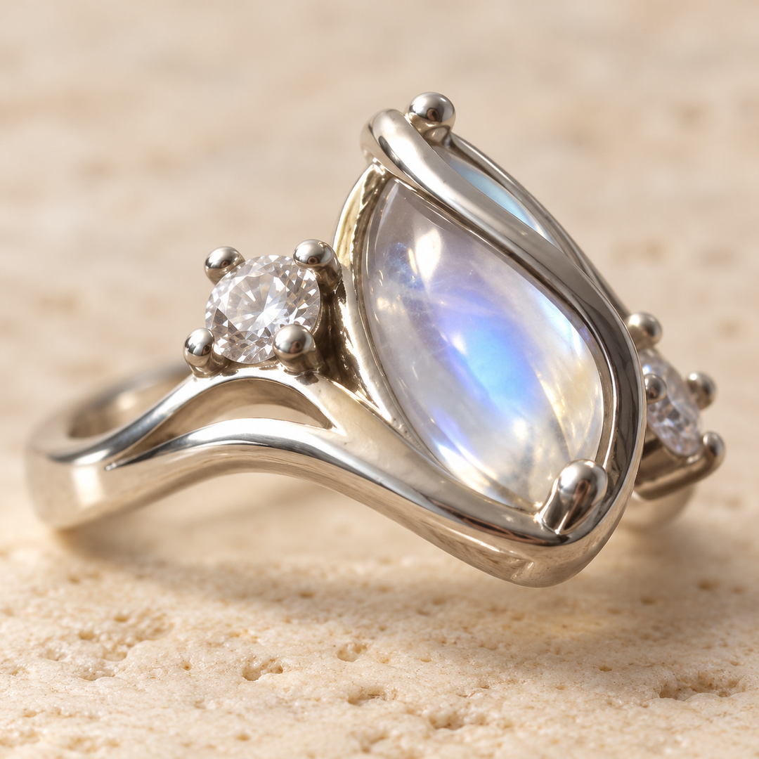 Side view of the simulated moonstone ring on travertine: the domed stone, its crossing wire and a four-prong side stone