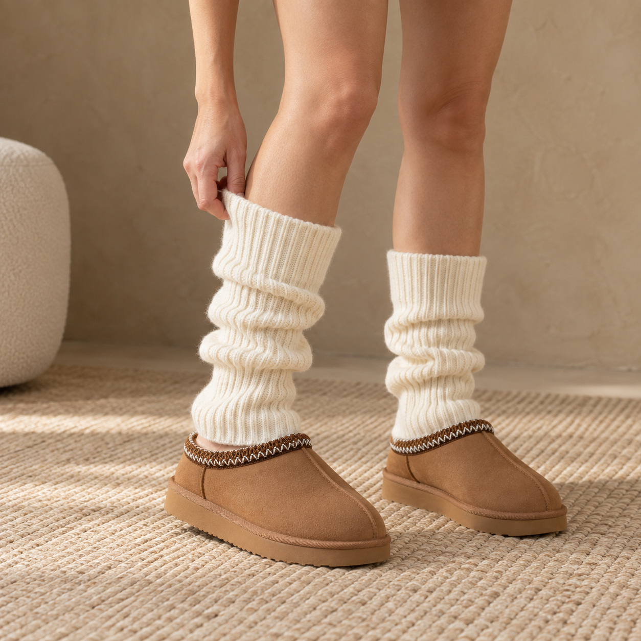 Adirena Sunday Leg Warmers in Cream, scrunched at the ankle over Adirena Sunday slippers; slippers not included.