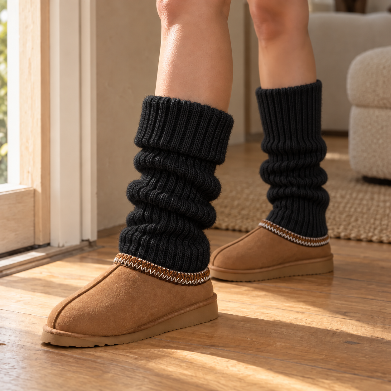 Adirena Sunday Leg Warmers in Black, folded cuff and scrunched rib knit, worn with Chestnut Sunday slippers; slippers not included.