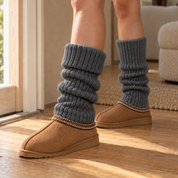 Adirena Sunday Leg Warmers in Charcoal, folded cuff and scrunched rib knit, worn with Chestnut Sunday slippers; slippers not included.