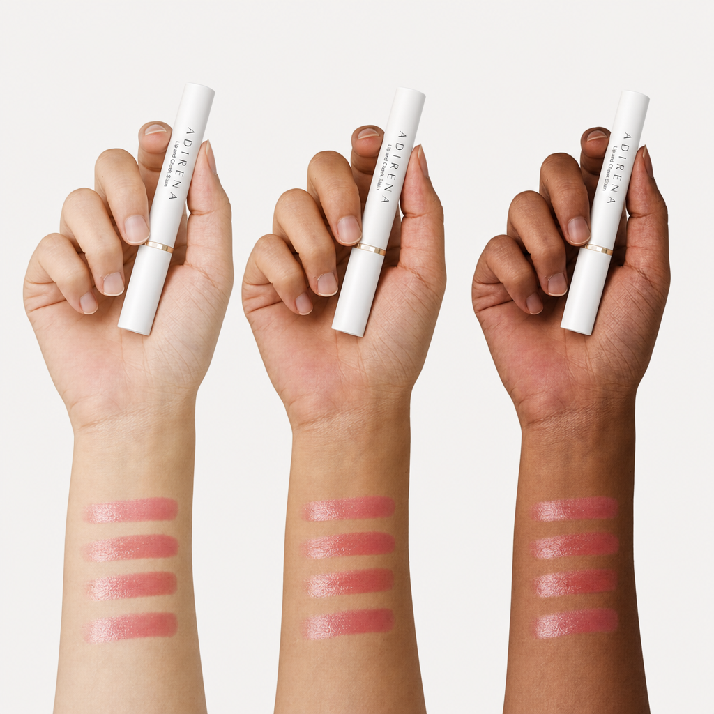Lip stain swatches on three skin tones