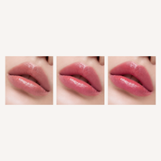 Color-changing lip stain before and after on three skin tones