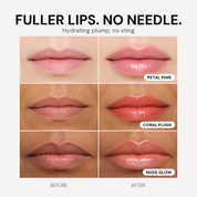 Hydrating Lip Plumper before and after across three shades and skin tones