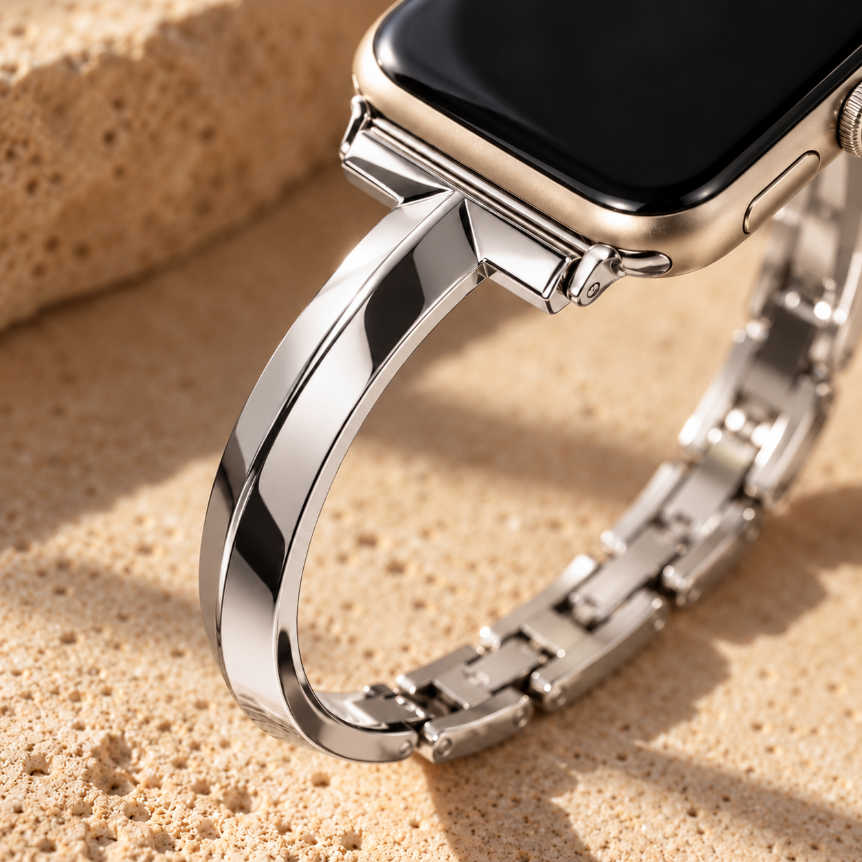 Close-up of the Moonrill silver band where the polished arms meet the watch