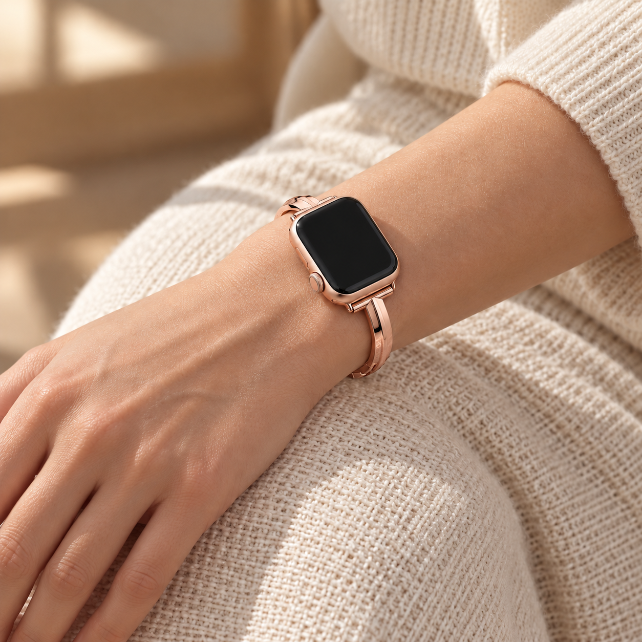Blusharc rose gold watch band worn on a left wrist resting on a knee