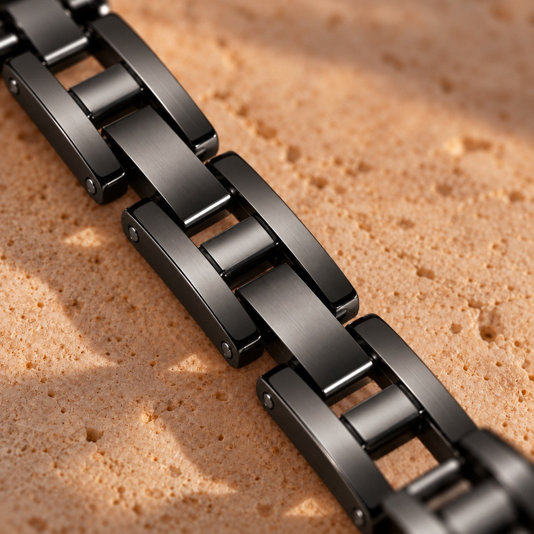 Milano black watch band, close-up of the closed rear links