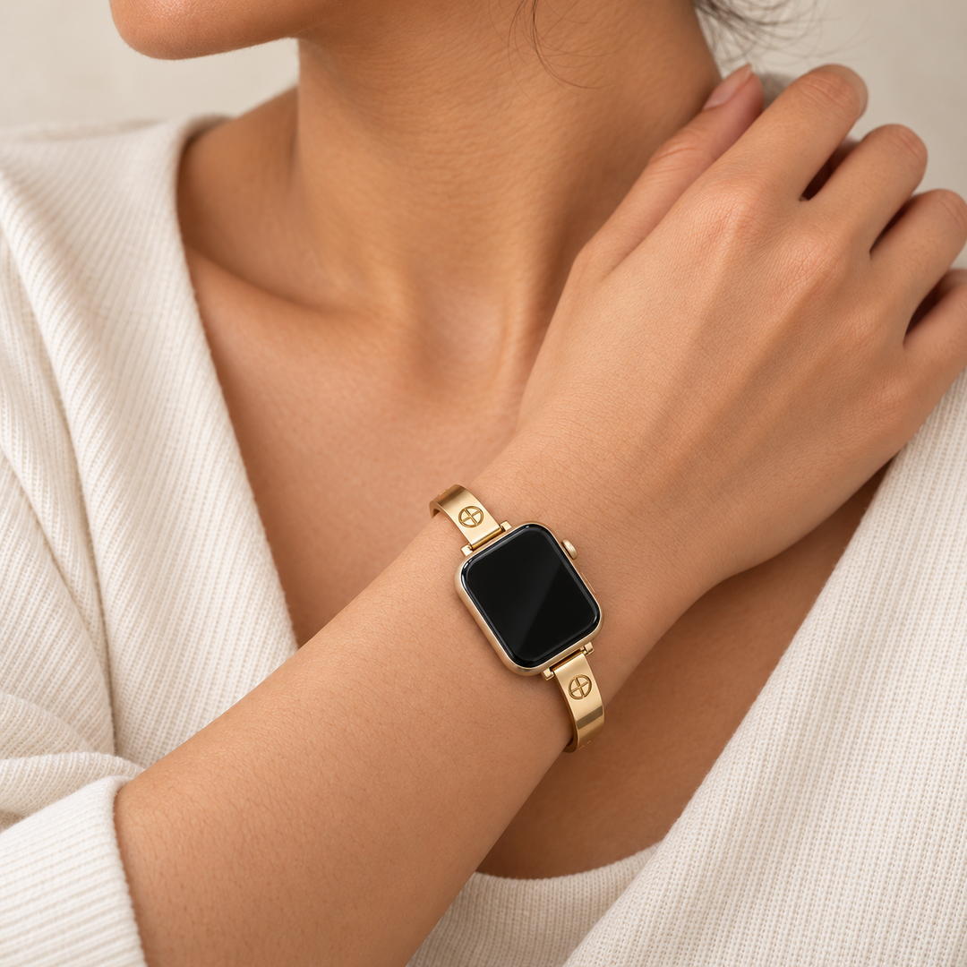 Monaco gold watch band, Cross design, worn at an ivory shirt collar