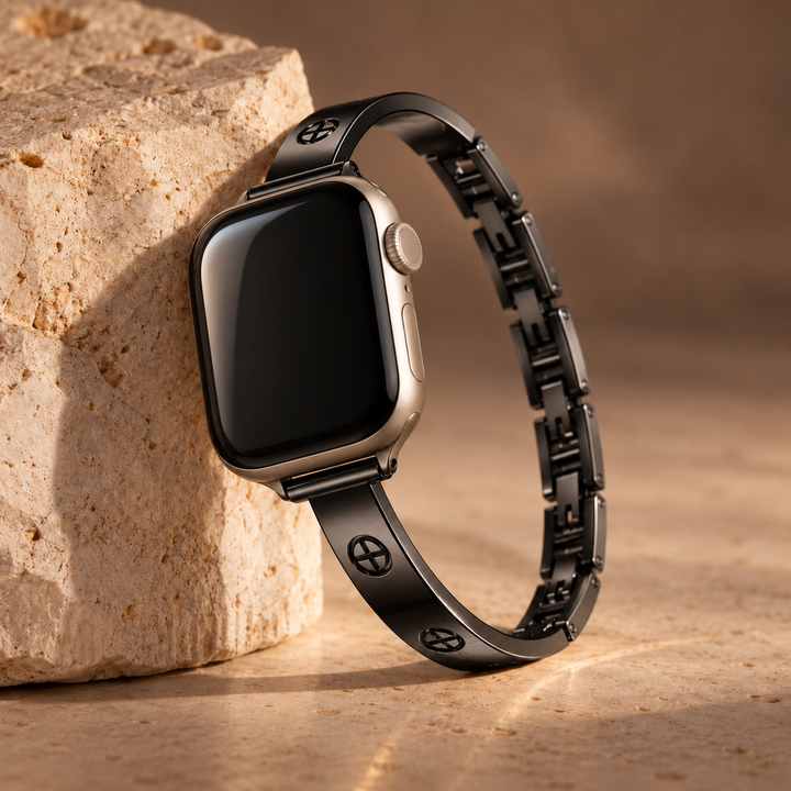 Monaco black watch band, Cross design, complete band leaning on stone