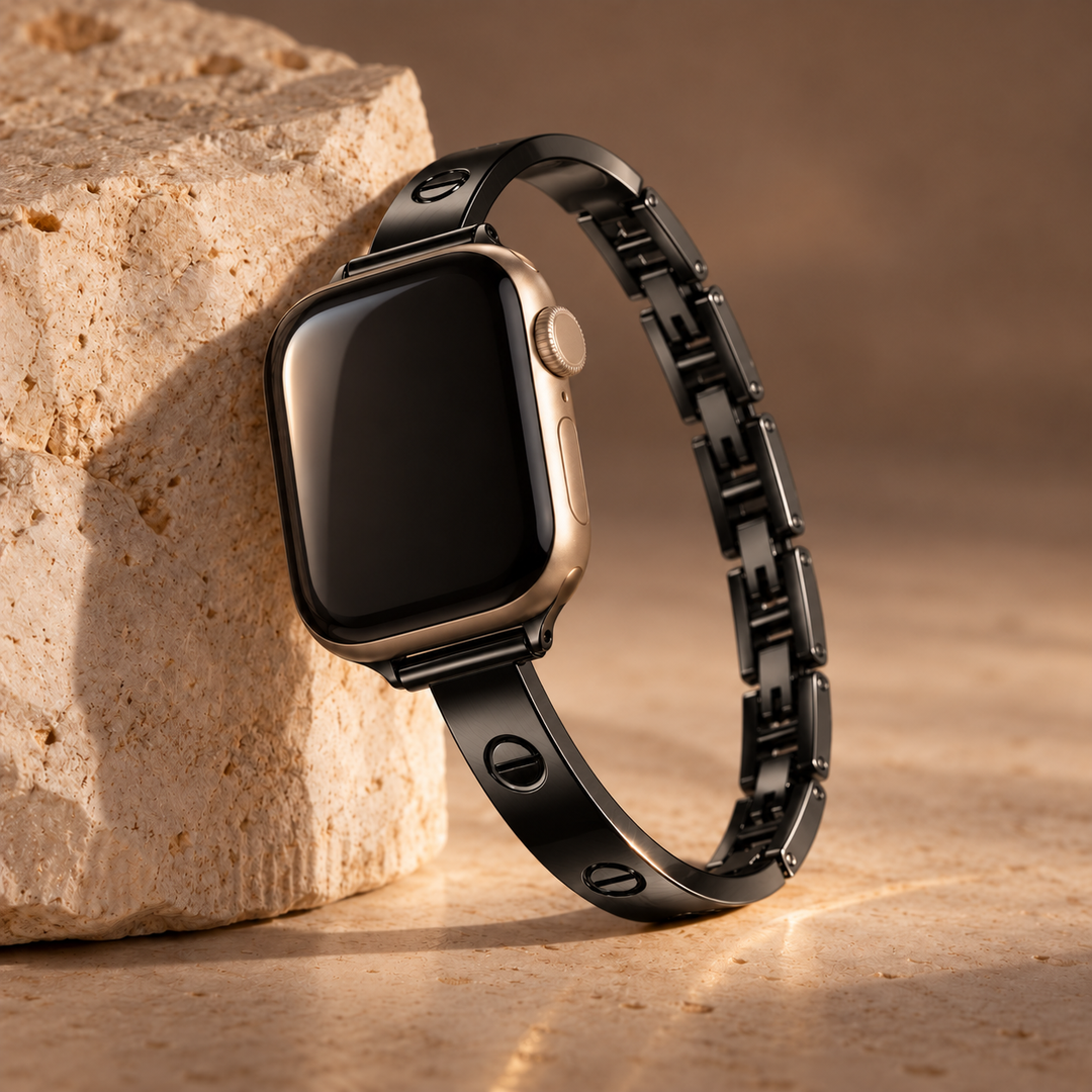 Milano black watch band, complete band leaning on stone
