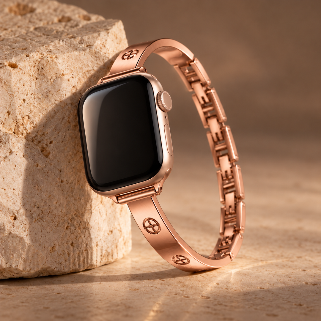 Monaco rose gold watch band, Cross design, complete band leaning on stone
