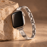 Milano silver watch band, complete band leaning on stone