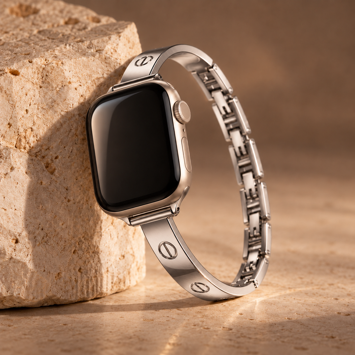 Milano silver watch band, complete band leaning on stone