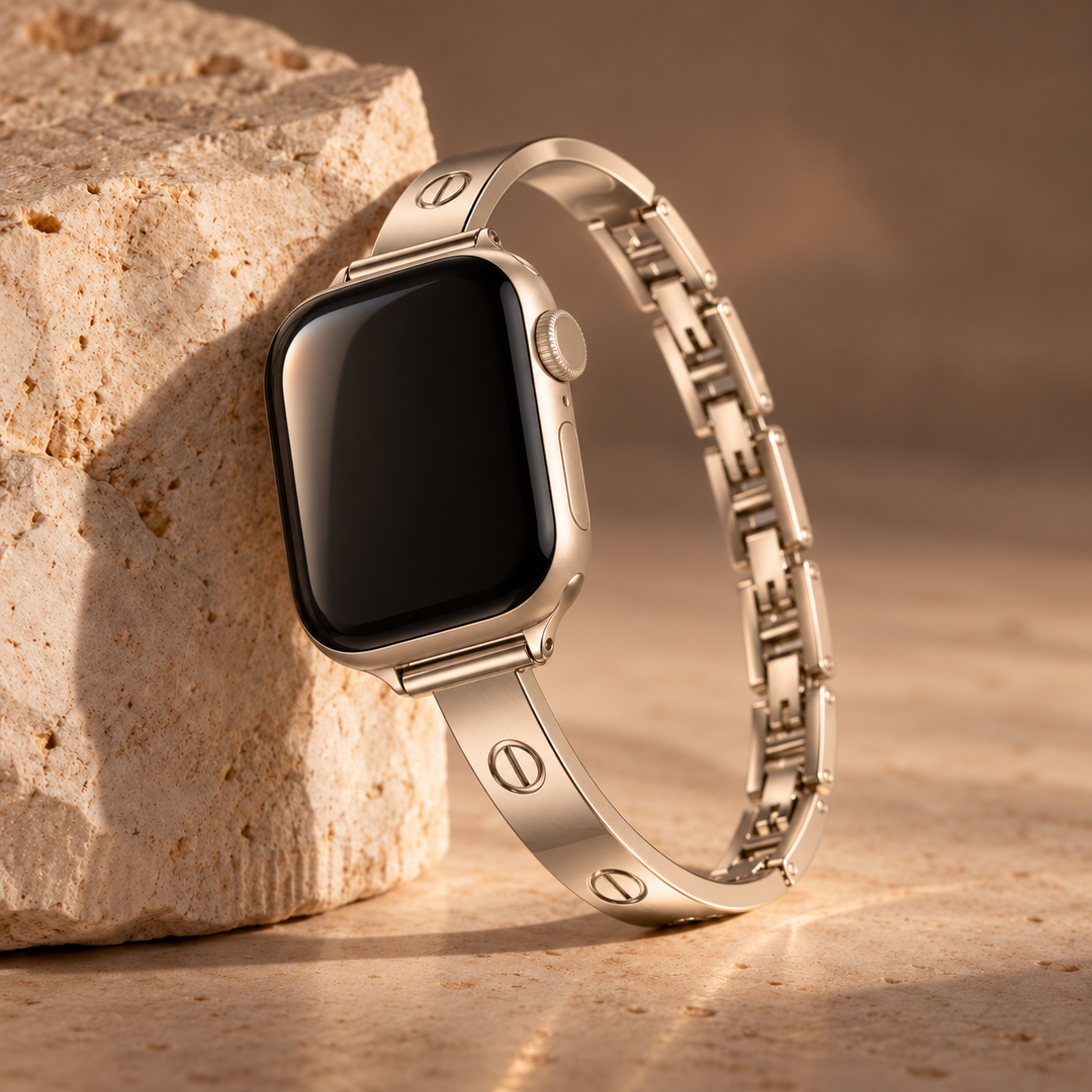 Milano starlight watch band, complete band leaning on stone