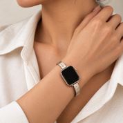 Milano starlight watch band, worn at an ivory shirt collar
