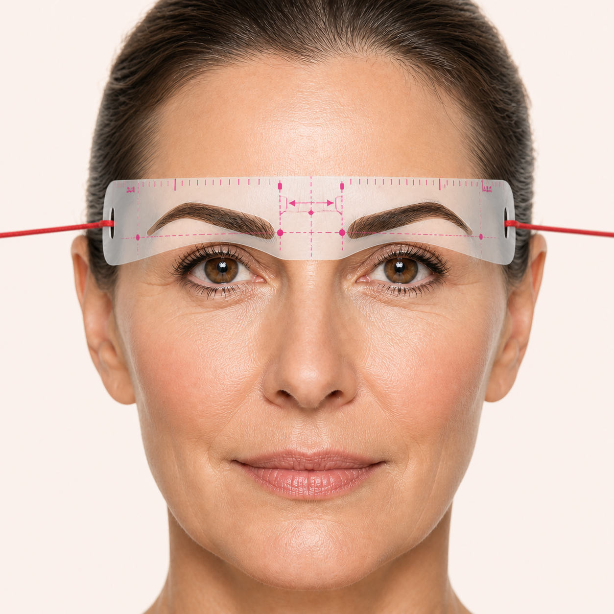 Woman wearing the connected Perfect Brow Mapping Kit stencil across both eyebrows