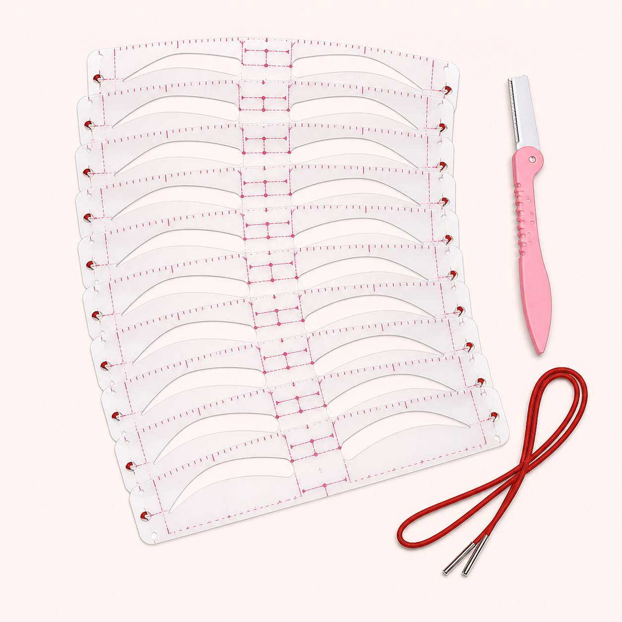 Perfect Brow Mapping Kit with 12 connected double-brow stencils, red cord and pink razor