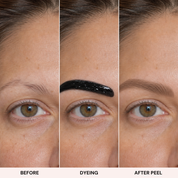 Before, dyeing and after peel stages of Adirena Peel & Reveal Brow Tint on one model