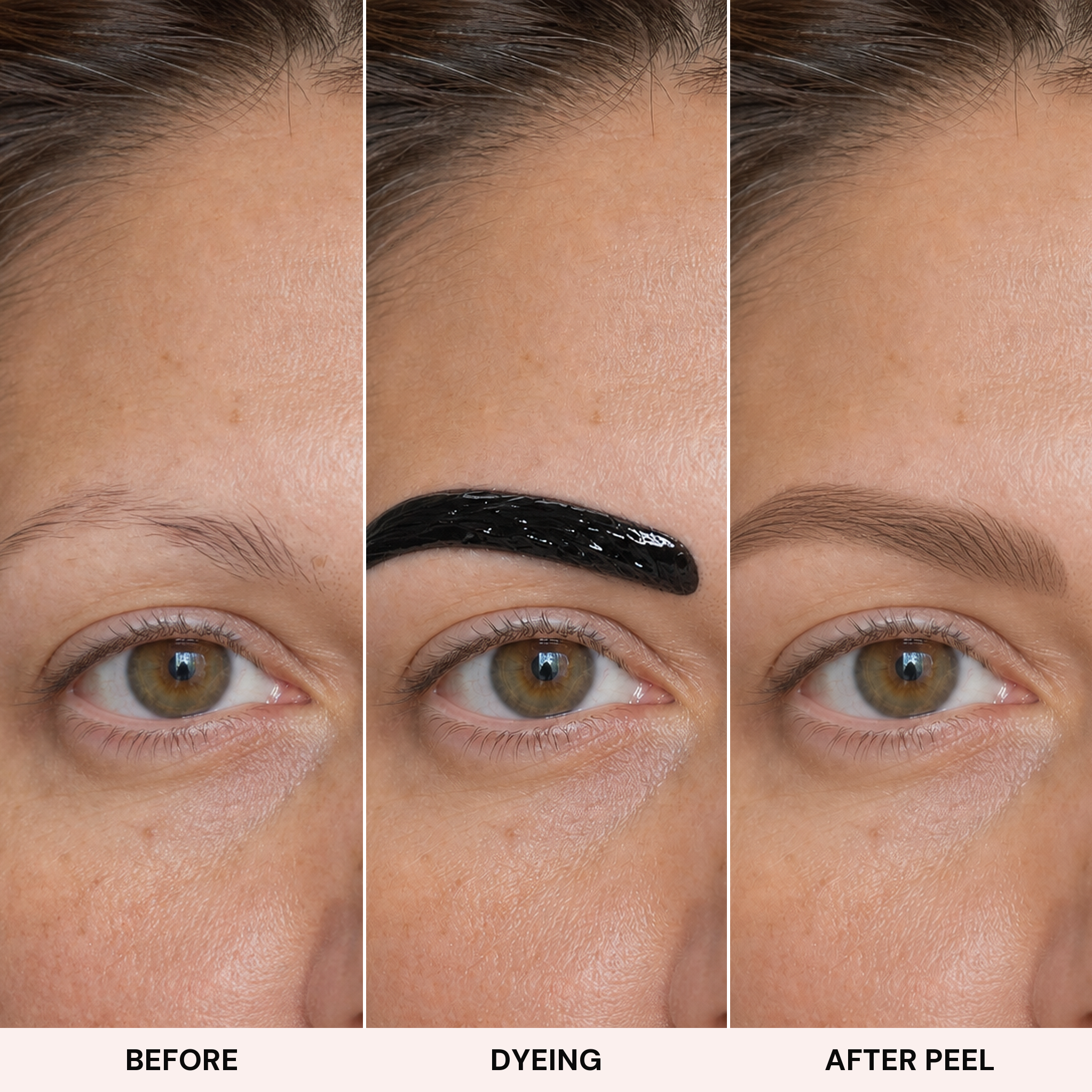 Before, dyeing and after peel stages of Adirena Peel & Reveal Brow Tint on one model