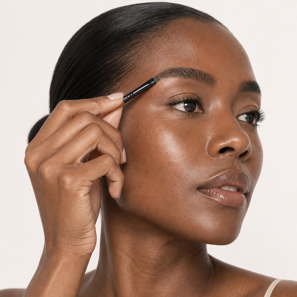 Editorial portrait of a woman using the Adirena brow brush on her arch