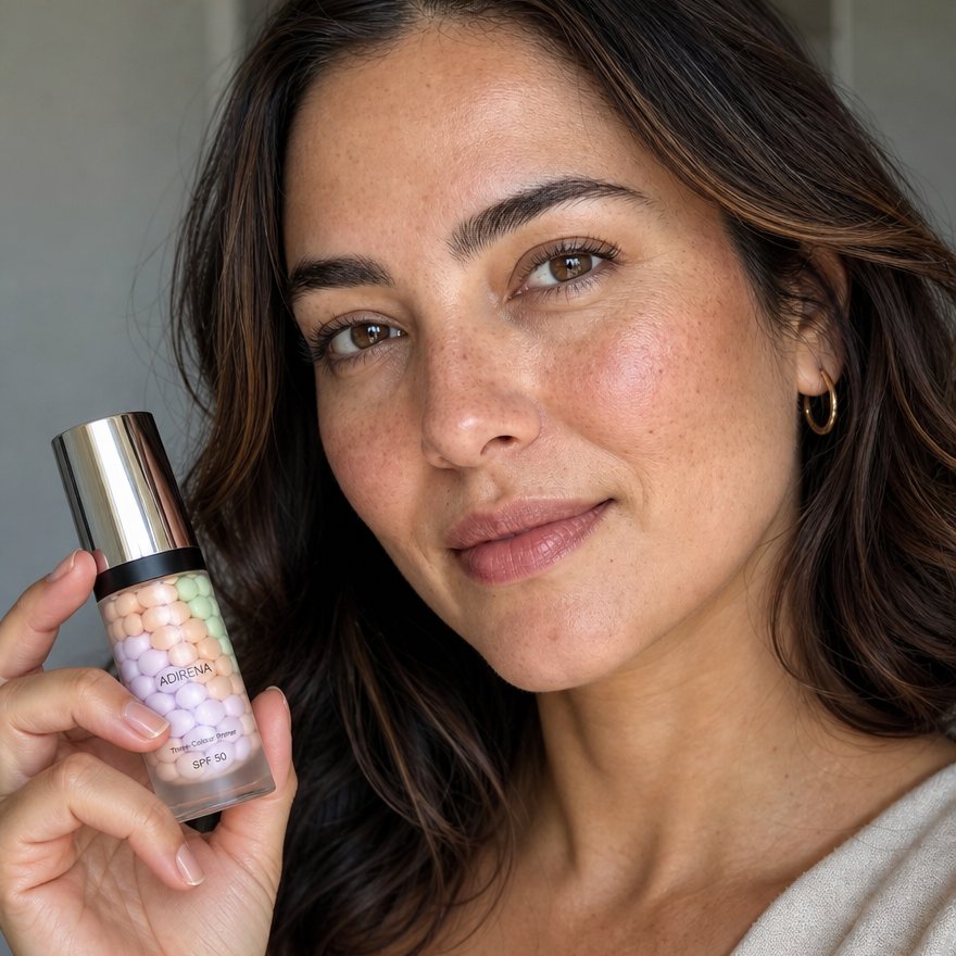 Color-correcting primer smoothed on the face for an even tone