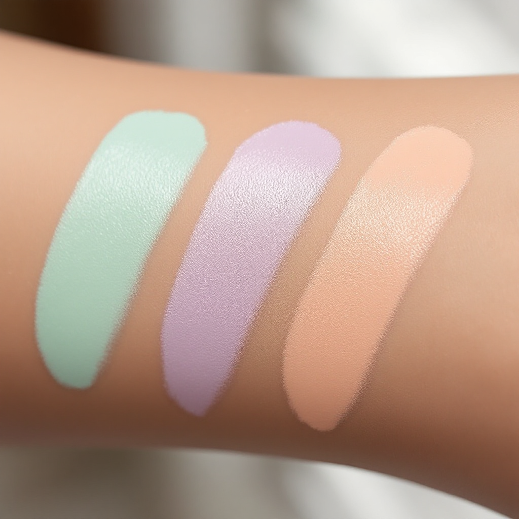 Three pastel corrector swatches blending translucent