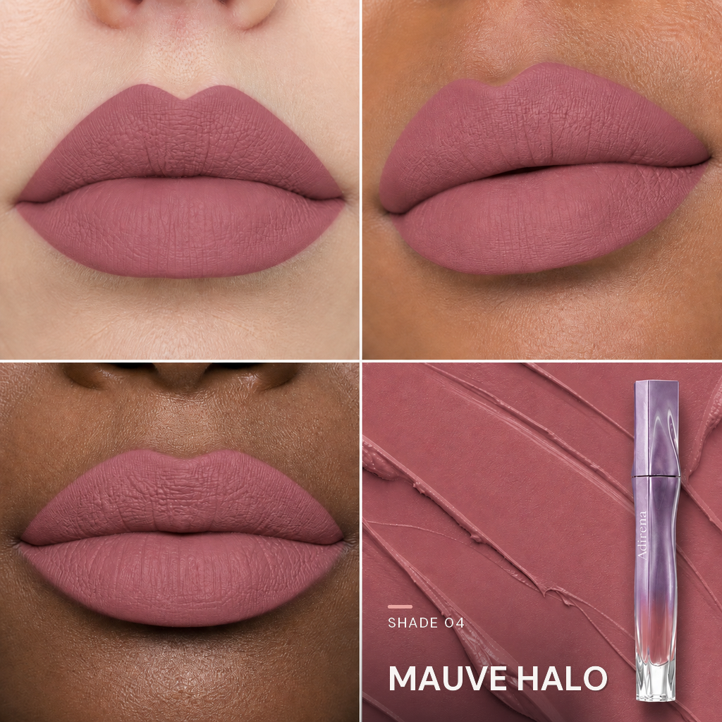 Velvet Blur Lip Cream — shade Mauve Halo — three lip looks