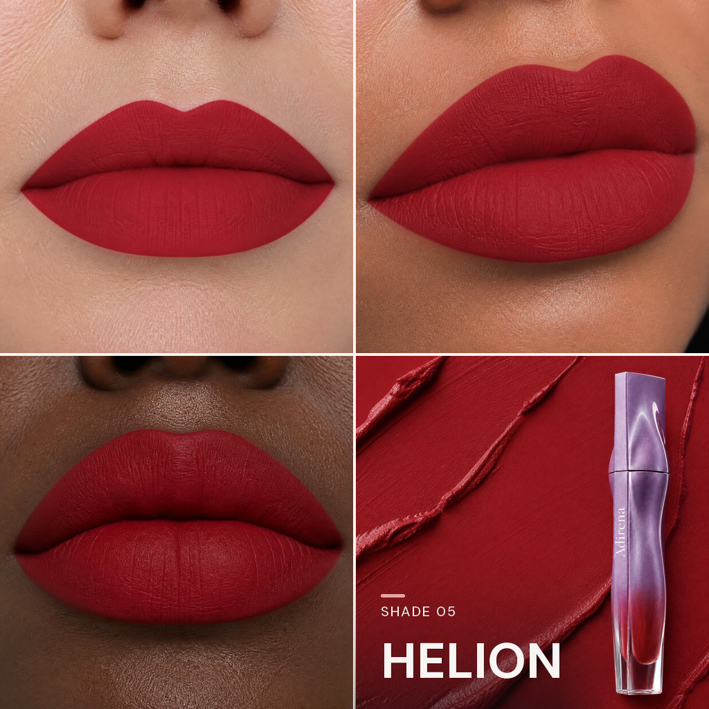 Velvet Blur Lip Cream — shade Helion — three lip looks