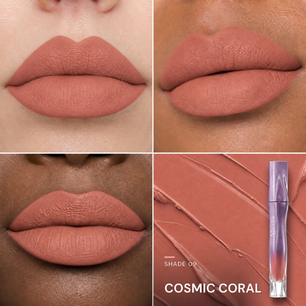 Velvet Blur Lip Cream — shade Cosmic Coral — three lip looks