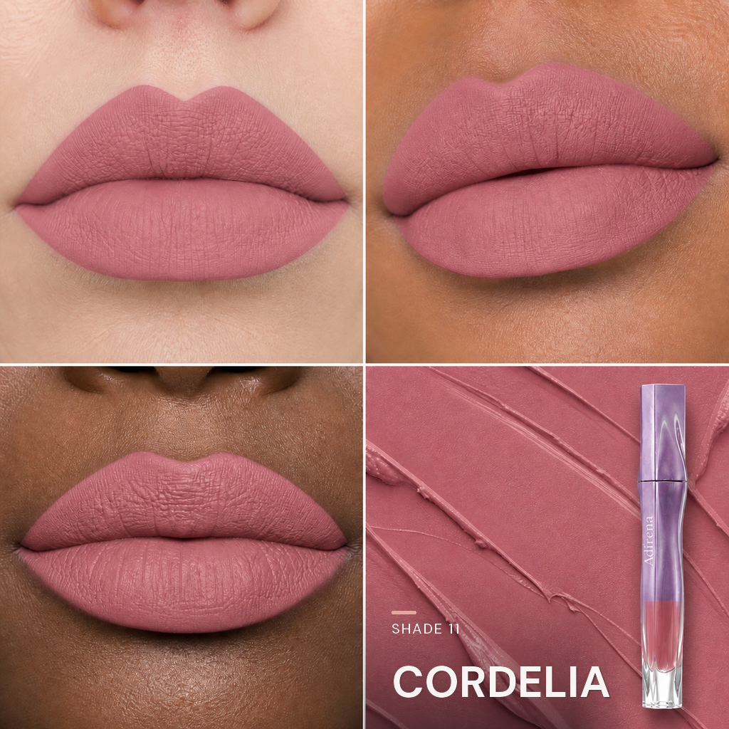 Velvet Blur Lip Cream — shade Cordelia — three lip looks