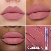 Velvet Blur Lip Cream — shade Cordelia — three lip looks