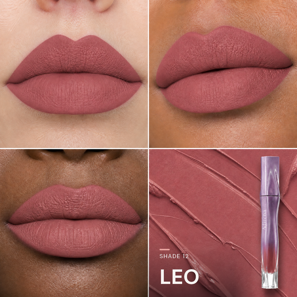 Velvet Blur Lip Cream — shade Leo — three lip looks