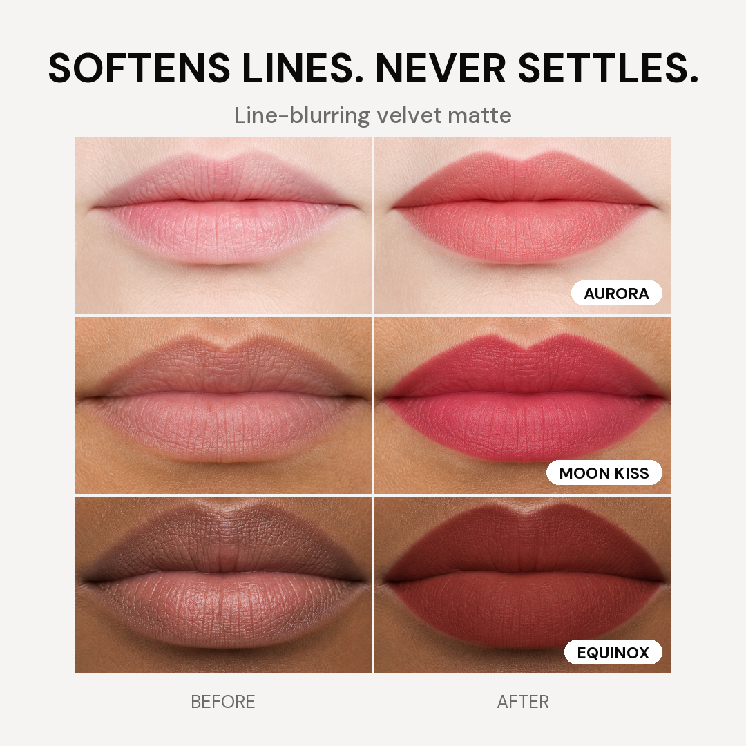 Velvet Blur Lip Cream before and after across three shades and skin tones