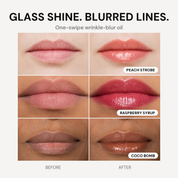 Wrinkle-Blur Lip Oil before and after across three shades and skin tones