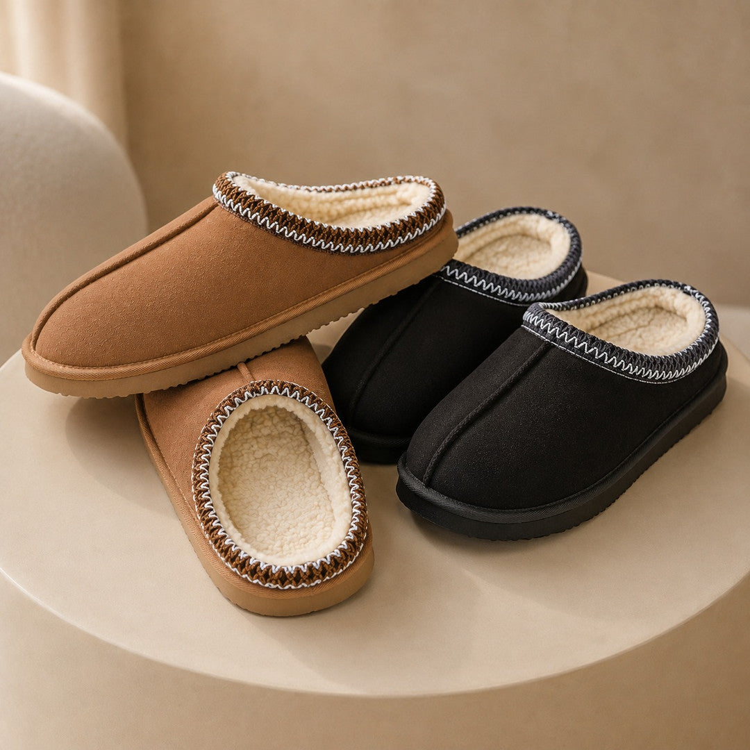 Two pairs of the fuzzy ankle slippers, camel and black, nested on a warm plaster plinth