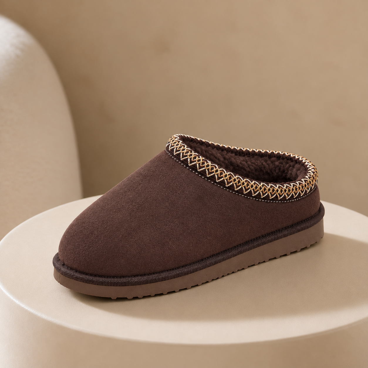 Brown slipper with dark brown lining and contrasting braided collar on a beige plaster plinth