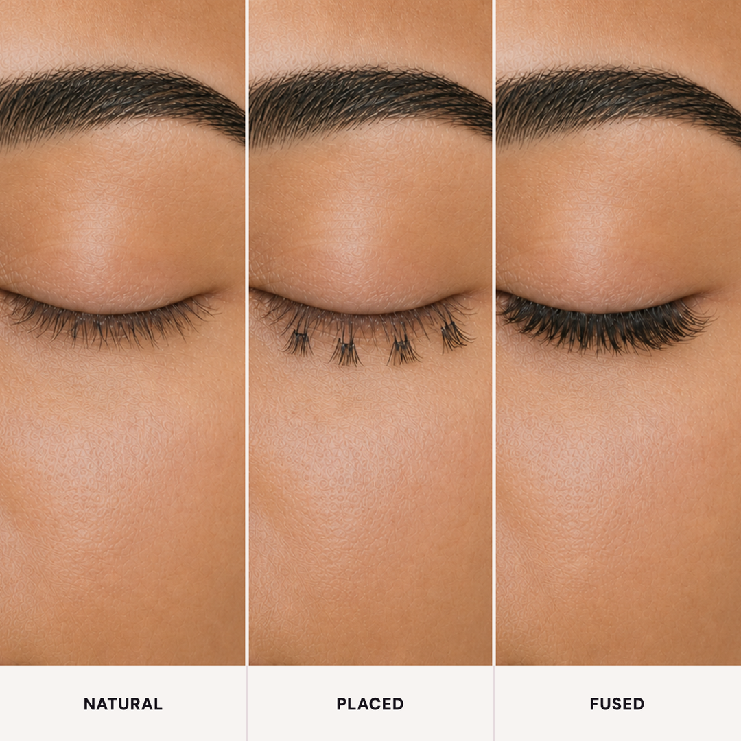 Three panels of one closed eye: natural lashes, clusters placed, then lashes fused