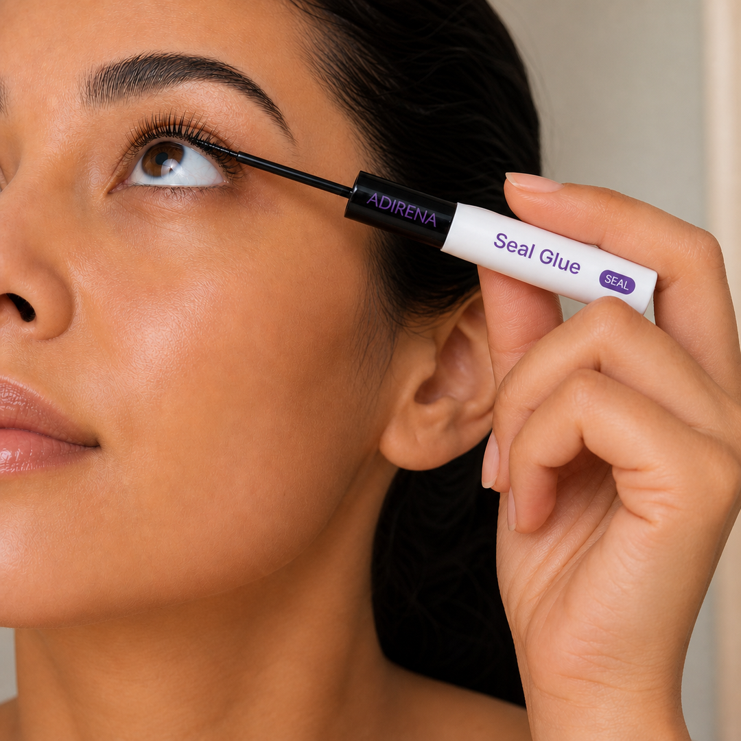 Woman applying Adirena Lash Bond & Seal at her upper lash line with the black brush