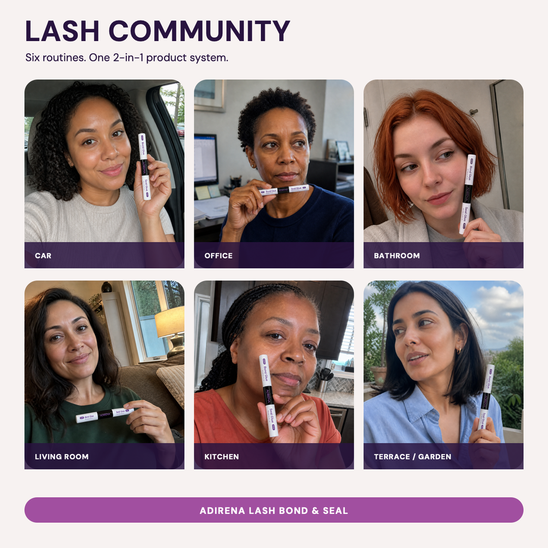 Grid of six women holding Adirena Lash Bond & Seal in a car, office, bathroom, living room, kitchen and garden