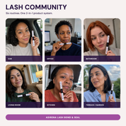 Grid of six women holding Adirena Lash Bond & Seal in a car, office, bathroom, living room, kitchen and garden