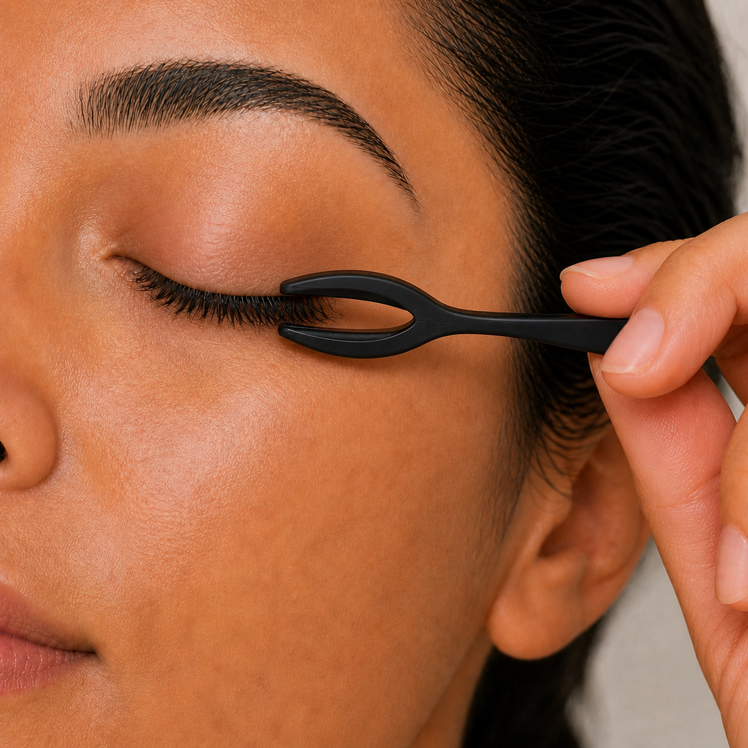 Close-up of a black lash tool pressing along fused lashes on a closed eye