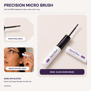 Close-ups of the black micro brush, its use beneath the lashes, and the open tube
