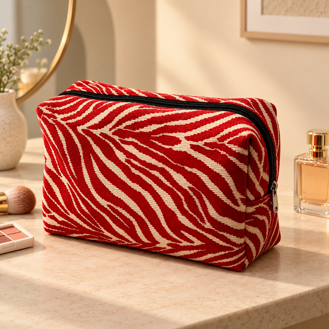 Red zebra makeup pouch with cream stripes on a warm stone vanity beside a brush and perfume.