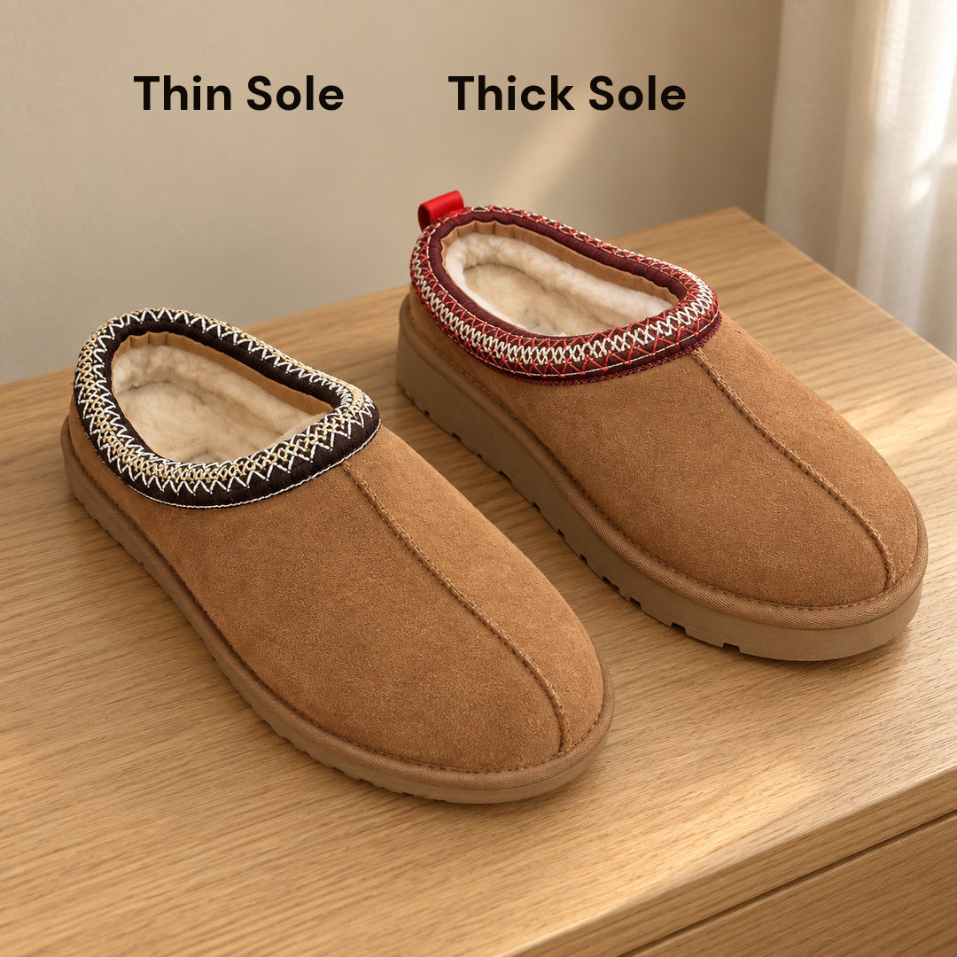 Chestnut ASPEN slippers shown side by side with labeled Thin and Thick soles.