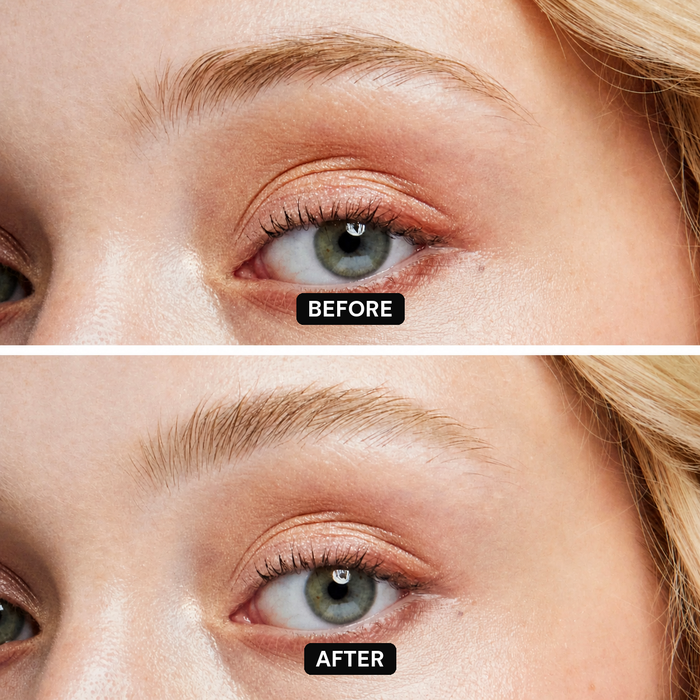 Adirena Brow Gel before and after, before and after, brows brushed up and set all day