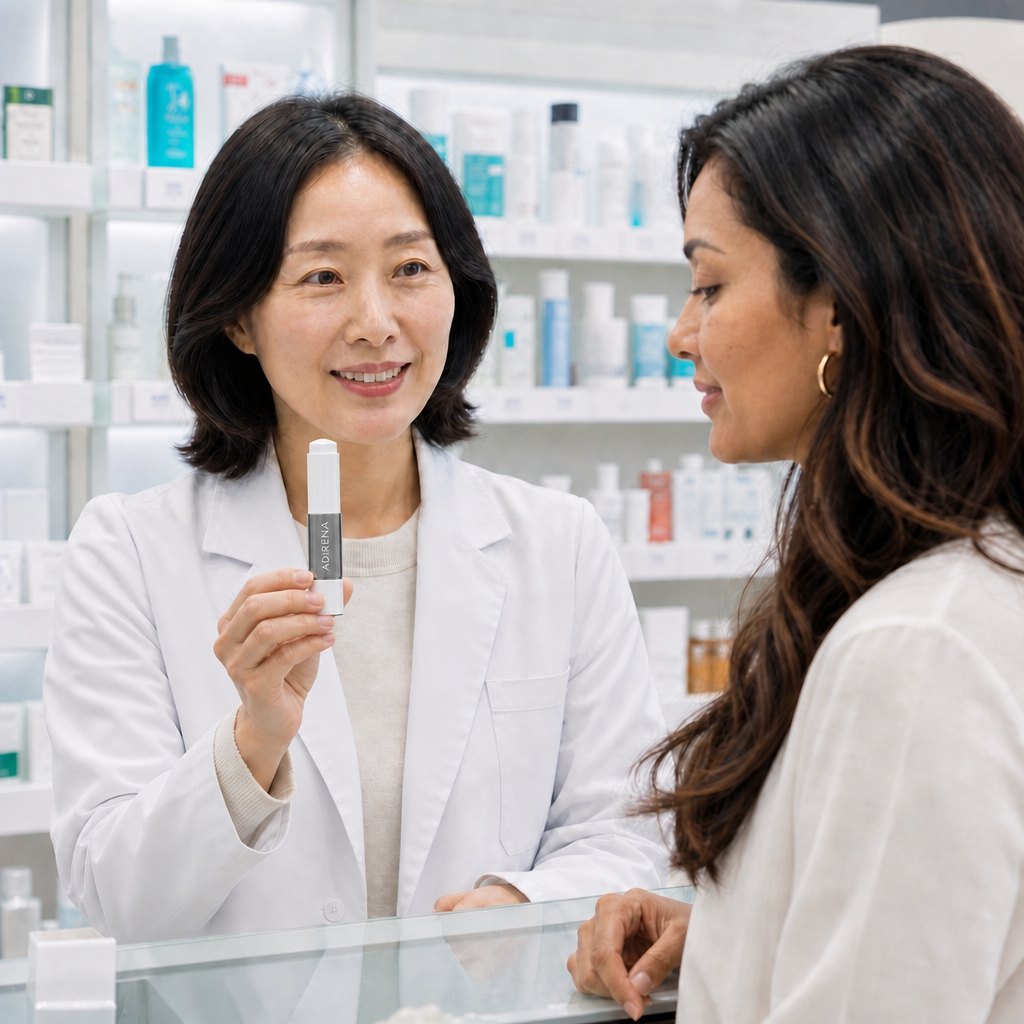 Cover Cream Volufiline: At the Korean pharmacy counter: the pharmacist showing Da...