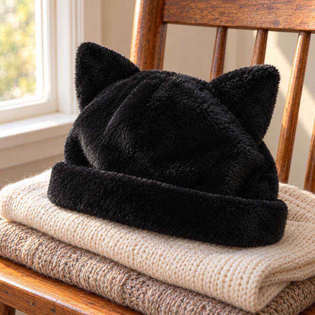 The Black Cleo cat ear hat resting on a stack of folded knits on a wooden chair by a window.